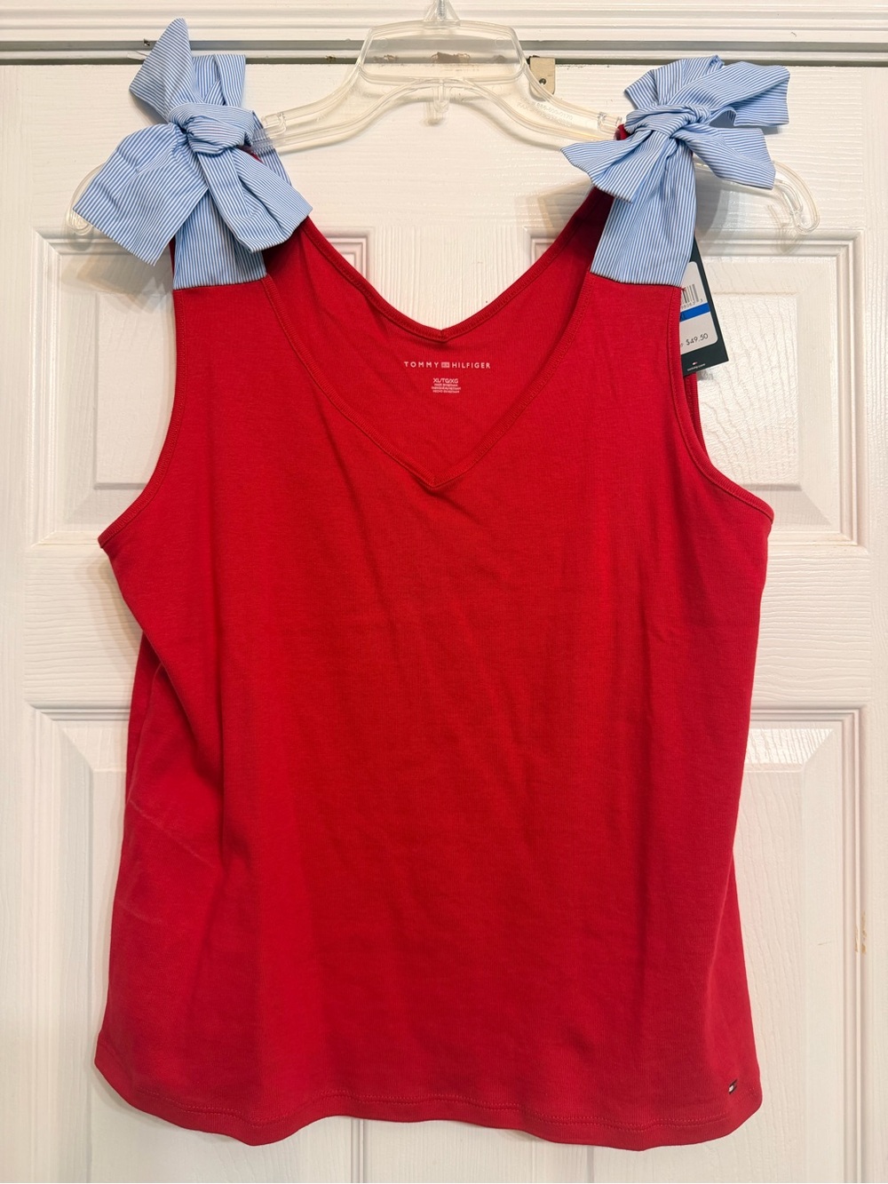 Tommy Hilfiger Red V-Neck Tank Top with Blue Tie-Shoulder Bows Sz XL